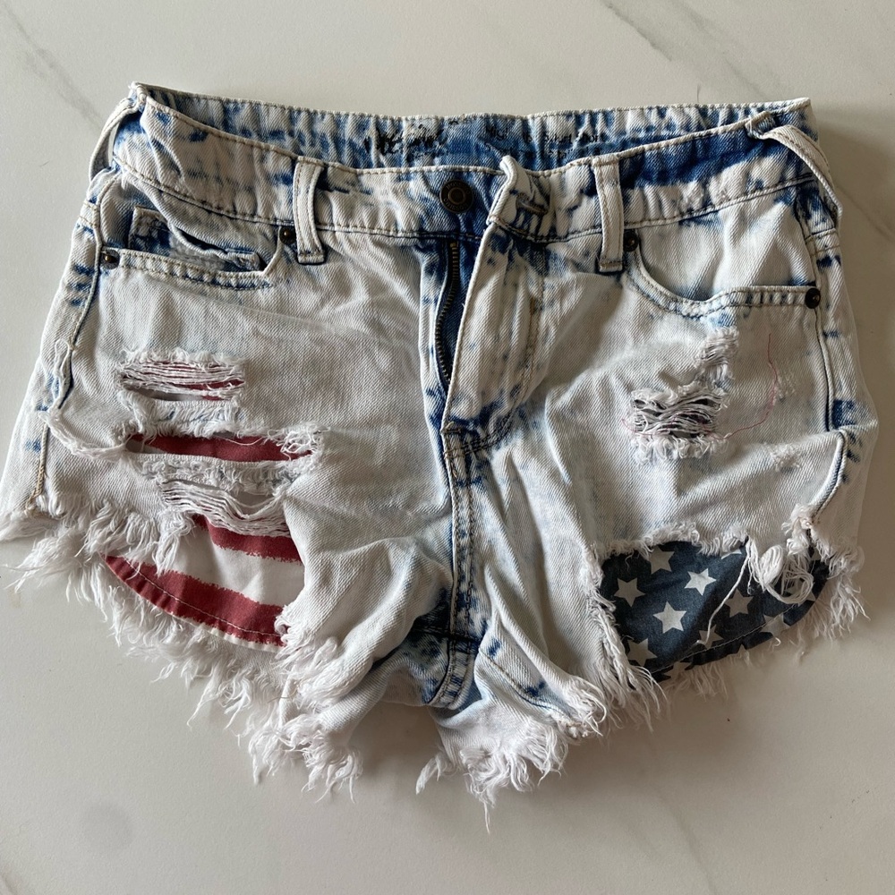 Distressed Denim Shorts with American Flag Accents